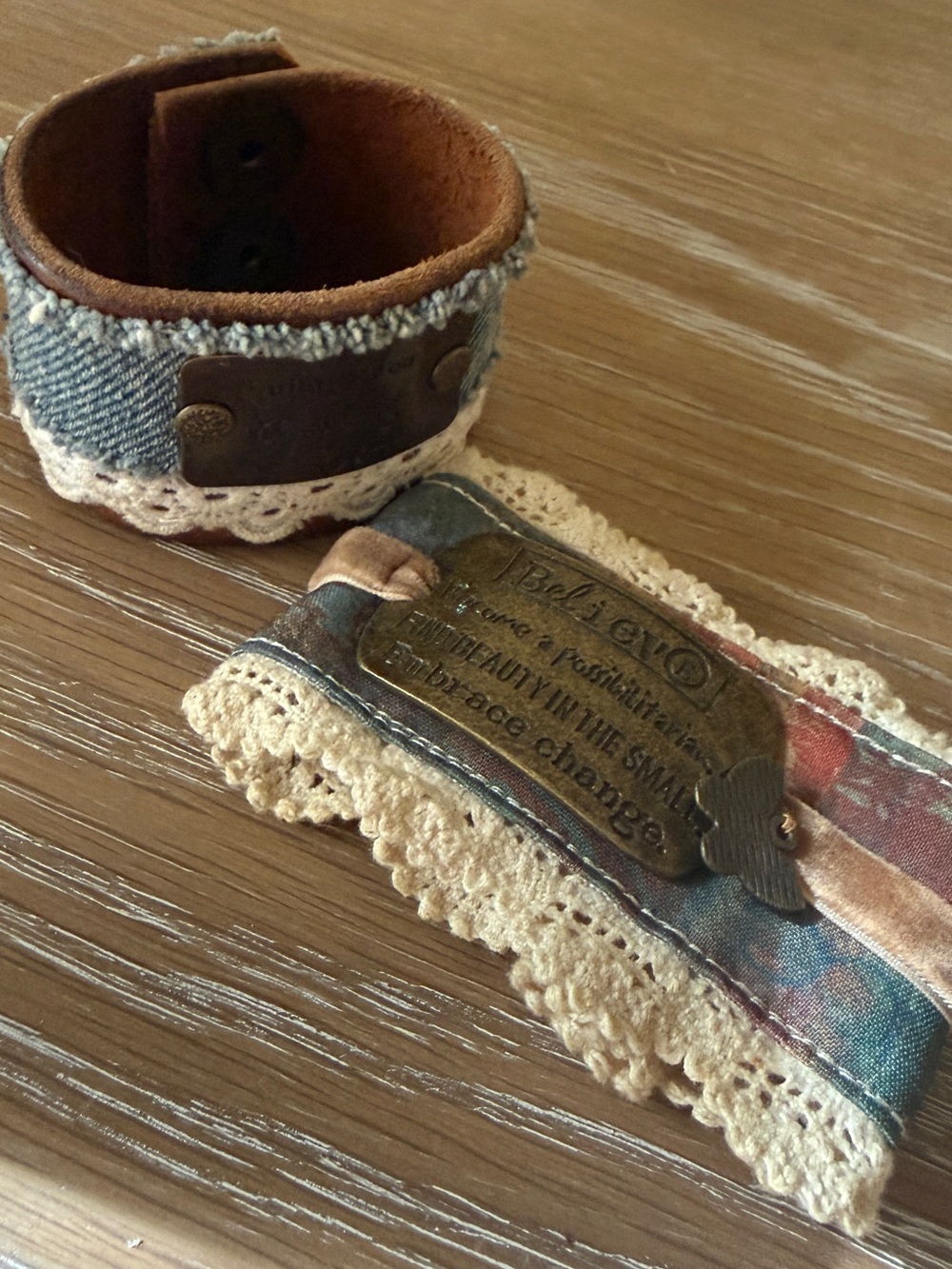 Set of 2 Boho Inspirational Bracelets - Vegan Leather and Fabric